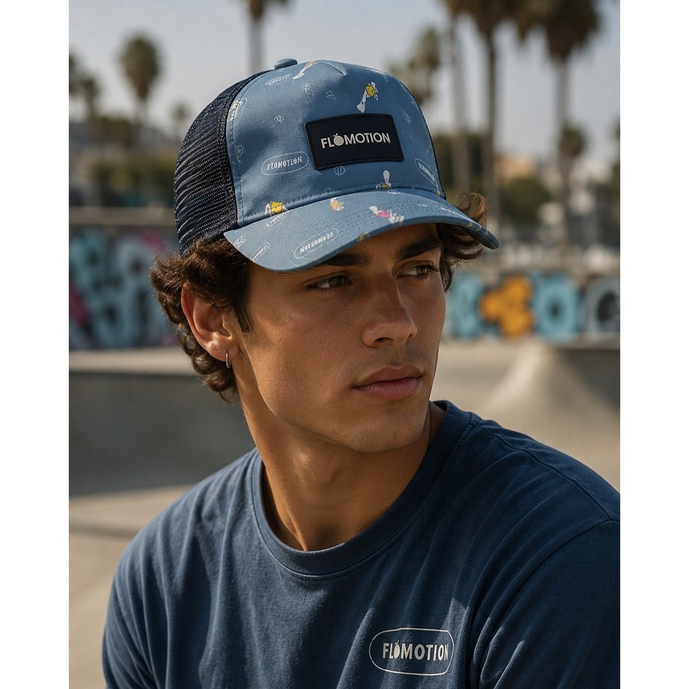 Flomotion Blue Graphic Print Trucker Hat Mesh Snapback Cap O/S